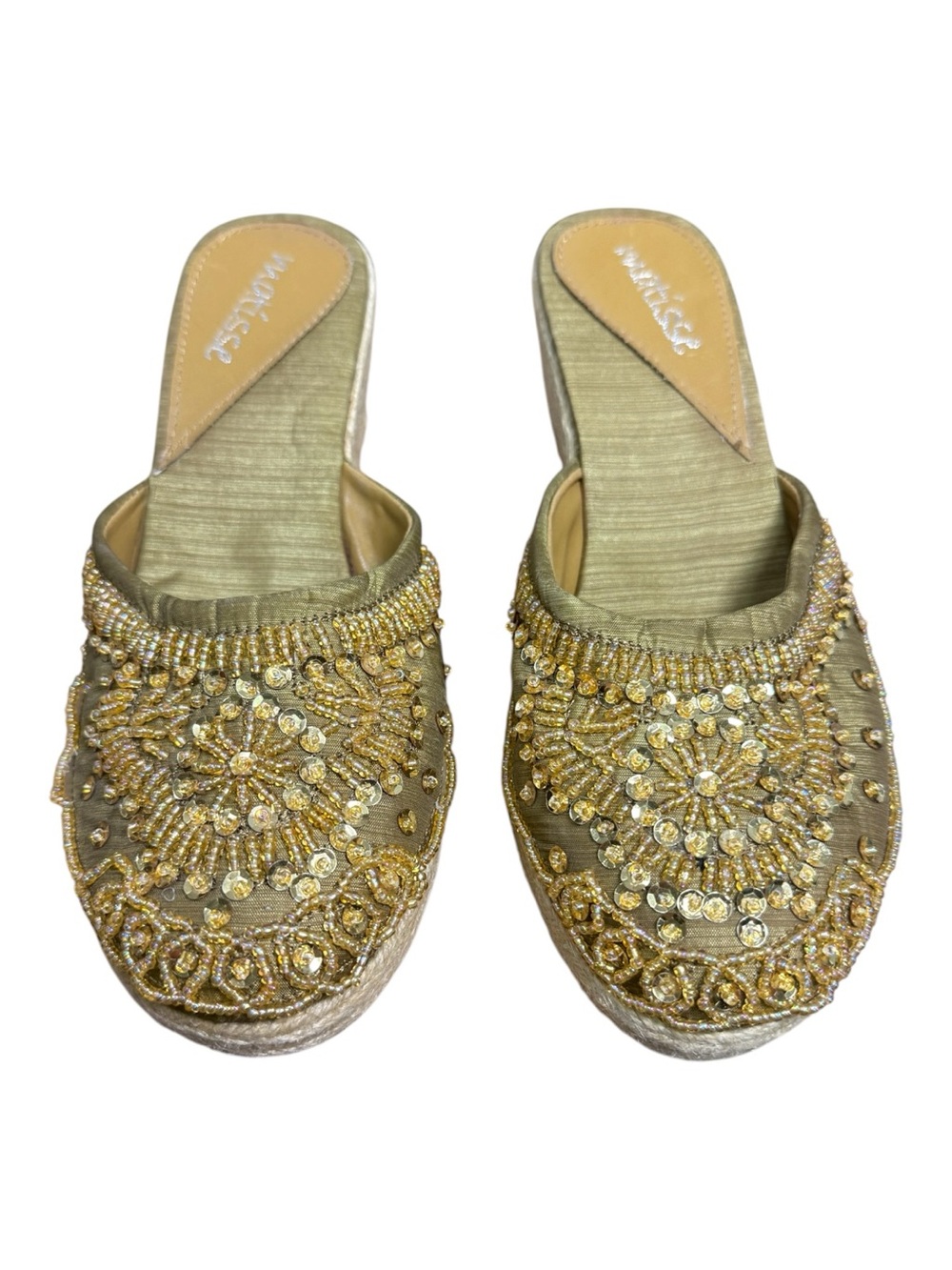 Matisse Cayman Womens 6 Gold Beaded Sequin Espadrille Wedge Mule Sandals